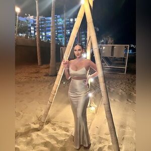 JLUX champagne silk two piece skirt set